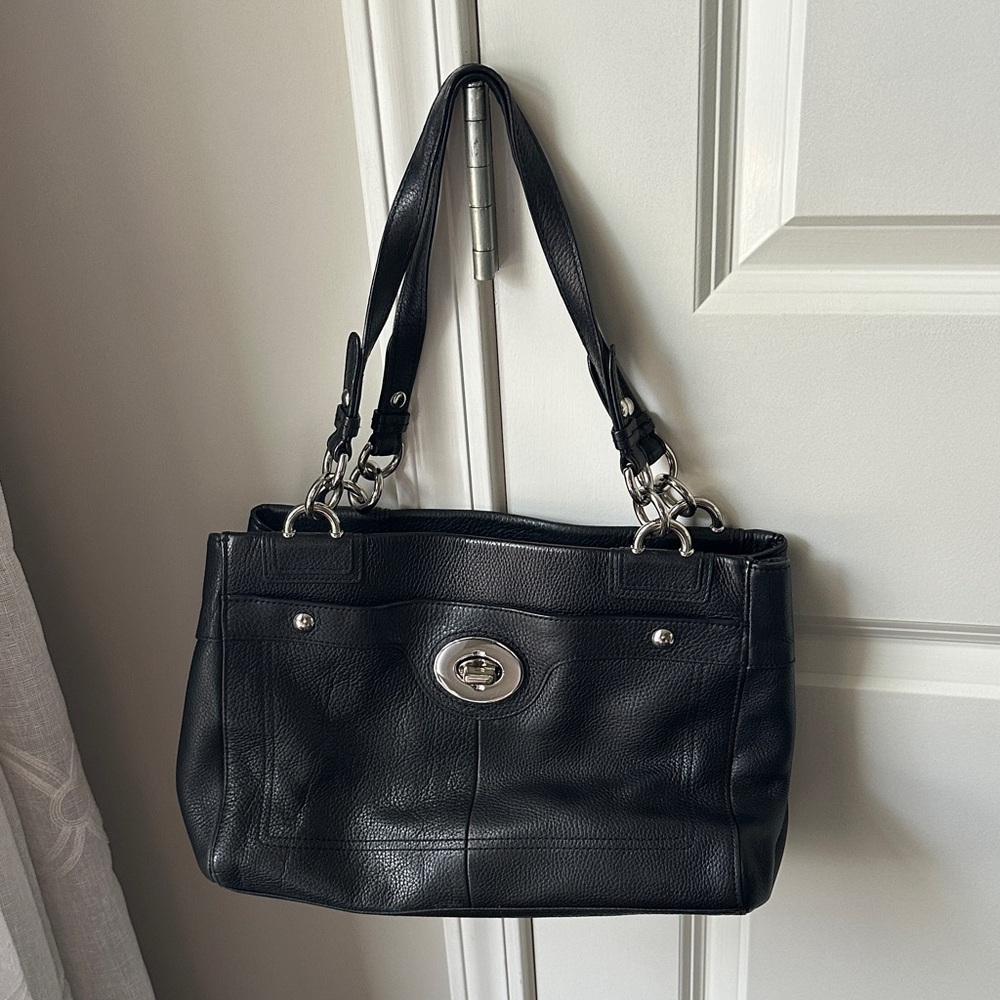 Coach Black Leather Shoulder Bag with Silver Accents